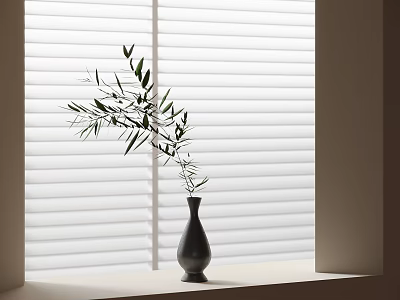 Green Plant Branches in Ceramic Vase on Window Sill with White Blinds 3d model