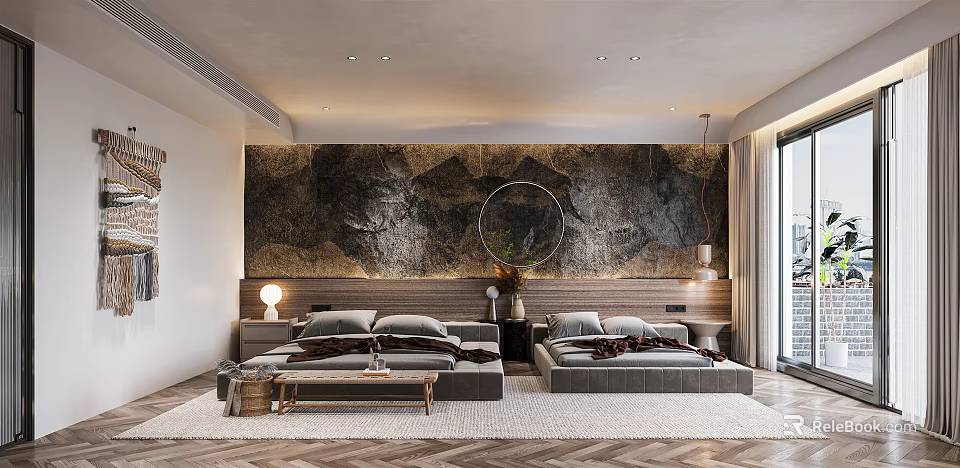 Elegant Modern Hotel Room With Twin Beds Marble Accent Wall And Floor To Ceiling Window 3d model 