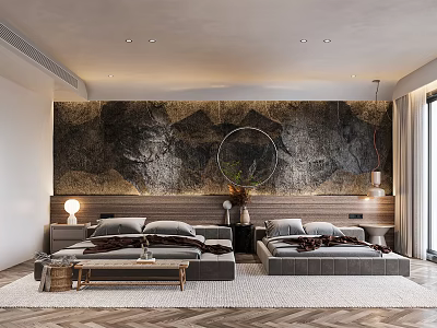 Elegant Modern Hotel Room With Twin Beds Marble Accent Wall And Floor To Ceiling Window 3d model