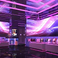 Modern KTV with Purple Pink Neon Lights Spacious Space Sofas TV Screens and Modern Decor