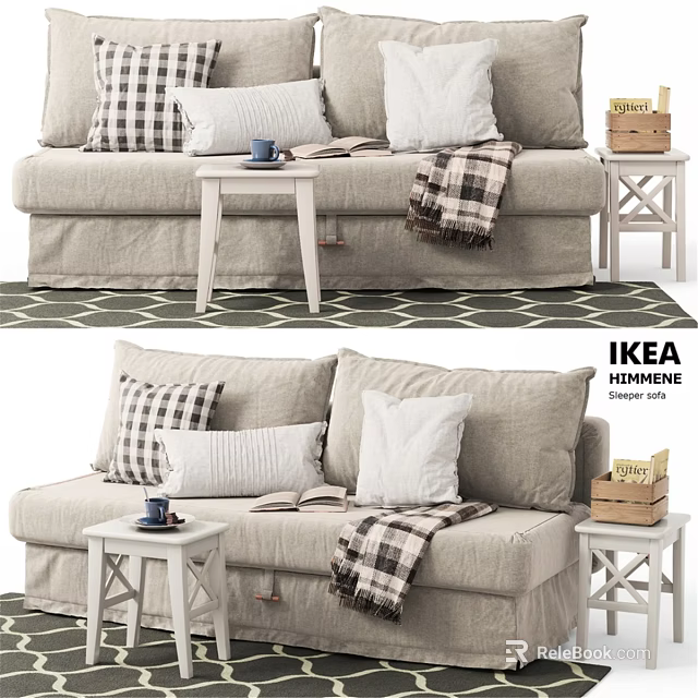 Beige Linen Two Seater Sofa With Plaid Pillows White Cushions And Plaid Blanket 3d model 