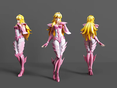 Game Movie Character Golden Long Hair Pink White Armor 3D Model Different Angles 3d model