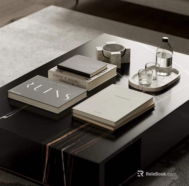 Decorative Ornament Set With Books Marble Tray Glassware And Water Bottle On Black Coffee Table 3d model 