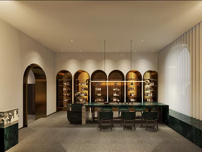 Modern Interior Design With Arched Doorways Golden Shelves Green Countertop And Hanging Lights 3d model