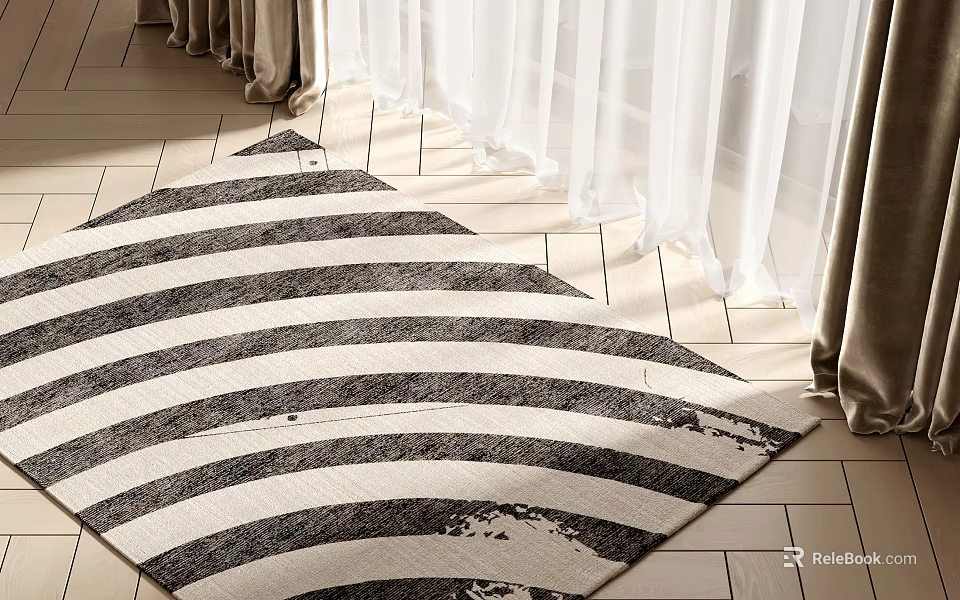 Square Rug With Black And White Stripes On Wooden Floor Near Curtains In Natural Light 3d model 