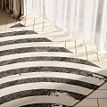 Square Rug With Black And White Stripes On Wooden Floor Near Curtains In Natural Light