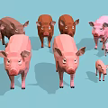 Low Poly Style Pigs In Various Sizes And Colors Standing On Light Blue Background