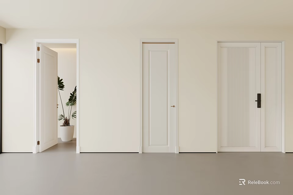 Modern Minimalist White Swing Doors In Interior With Open Door And Green Plants 3d model 