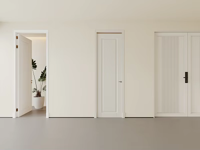 Modern Minimalist White Swing Doors In Interior With Open Door And Green Plants 3d model