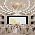 Spacious Banquet Hall With Large Screen Chandelier Circular Ceiling White Tables And Purple Chair Sashes