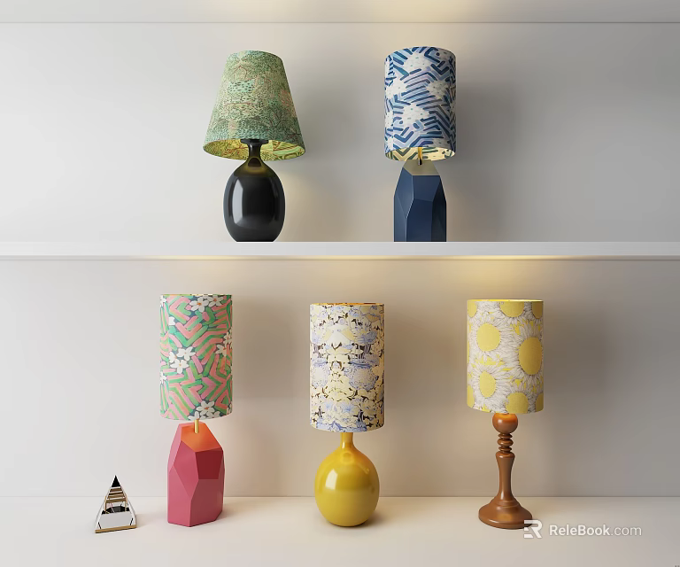Colorful Table Lamps With Various Patterns And Unique Bases On Shelf 3d model