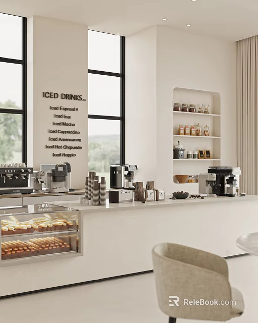Sunlit Café Interior With Iced Drinks Menu Coffee Machines And Pastry Display Case 3d model 