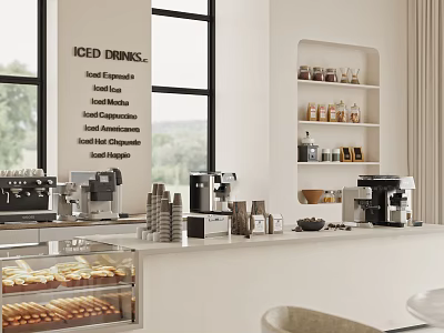 Sunlit Café Interior With Iced Drinks Menu Coffee Machines And Pastry Display Case 3d model