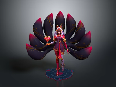 Woman With Fox Ears Holding Heart In Elaborate Red Purple Outfit With Petal Decorations 3d model