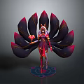 Woman With Fox Ears Holding Heart In Elaborate Red Purple Outfit With Petal Decorations