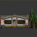 Wooden Cabin With Green Roof Pine Trees Nearby Bicycle Windows And Steps