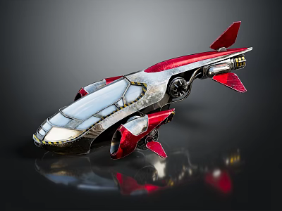 Futuristic Red And Silver Spaceship With Streamlined Metallic Design And Thrusters 3d model
