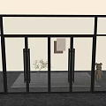 Modern Glass Double Doors With Black Frame Potted Plant And Decorative Bear