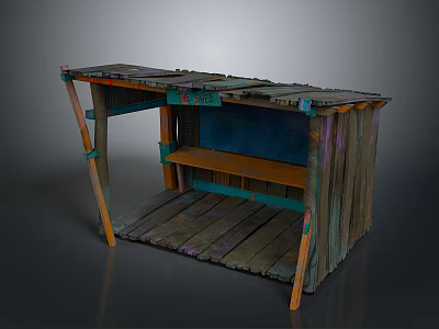 Rustic Wooden Pallet Structure With Blue Panel Green Frame And Colorful Accents 3d model