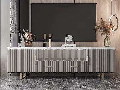 Modern TV Stand With Textured Panels Metal Legs Decorative Clock Vase And Books 3d model