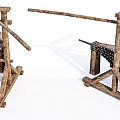 Ancient War Scenes With Dual Wooden Catapult Frames And Chains