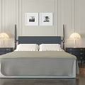 Modern Luxury Double Bed with Gray Bedding Black Nightstands and Green Plants in Bedroom