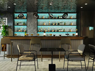 Elegant Bar Interior Design Featuring Bar Counter Shelves Bottles And Modern Lighting 3d model