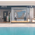 GROTTIO Store Window Display Featuring Sunrise Theme Mannequins Fashion Apparel And Pool