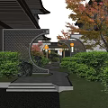Beautiful Traditional Courtyard Garden With Stone Path Green Shrubs And Flowering Trees