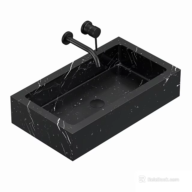Elegant Black Marble Rectangular Bathroom Washbasin with Modern Black Faucet 3d model 