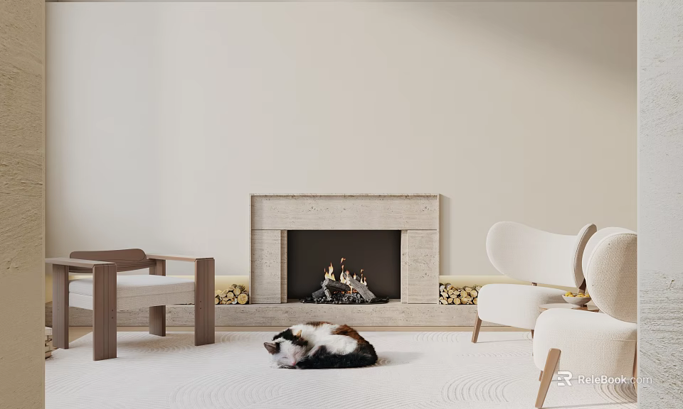 Cozy Stone Fireplace With Burning Fire Accent Chairs Area Rug And Cat Lying 3d model 