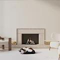 Cozy Stone Fireplace With Burning Fire Accent Chairs Area Rug And Cat Lying