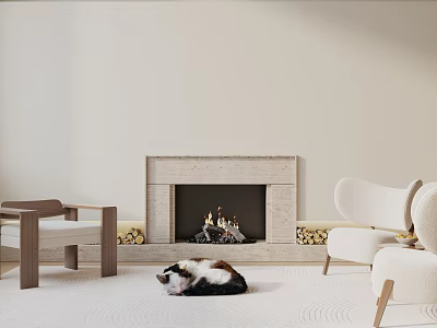 Cozy Stone Fireplace With Burning Fire Accent Chairs Area Rug And Cat Lying 3d model