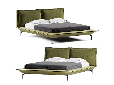 Modern Green Double Bed With Metal Legs White Pillows And Dark Bedding 3d model