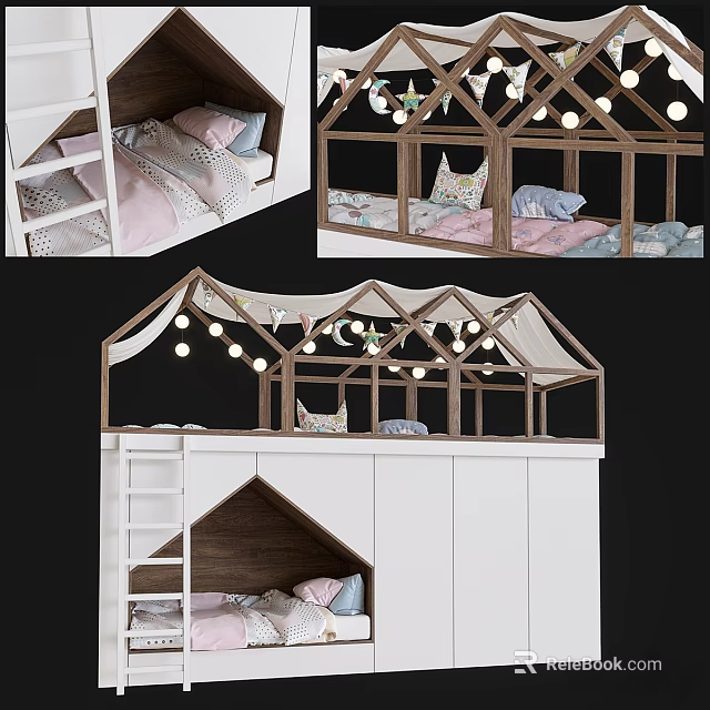 House Shaped Wooden Children's Bunk Bed With Decorative String Lights And Storage 3d model 