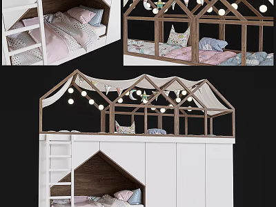 House Shaped Wooden Children's Bunk Bed With Decorative String Lights And Storage 3d model