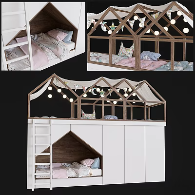 House Shaped Wooden Children's Bunk Bed With Decorative String Lights And Storage 3d model
