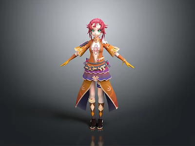 Anime Style Game Movie Character With Red Hair And Orange Purple Outfit In Standing Pose 3d model