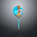 Fantasy Magical Weapon Design With Blue Crescent Blade And Golden Crown Top