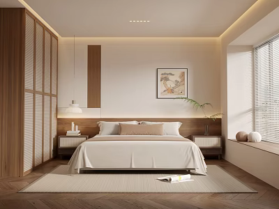Modern Bedroom Interior Featuring Platform Bed Wooden Nightstand Decorative Artwork And Large Window Rug 3d model