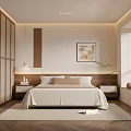 Modern Bedroom Interior Featuring Platform Bed Wooden Nightstand Decorative Artwork And Large Window Rug