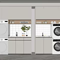 Home Balcony With White Cabinets Washing Machine Dryer Tiled Wall Small Sink And Green Plant