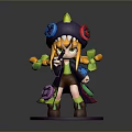 3D Cartoon Character Model With Colorful Hat Vibrant Pigtails Decorative Elements And Rainbow Base