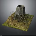 Old Windmill Model With Wooden Frame Dry Grass And Twigs On Square Grass Base