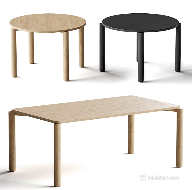 Modern Light Wood And Black Tables Round And Rectangular Shapes 3d model