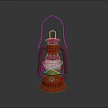 Vintage Red Kerosene Lamp With Metal Frame And Glass Shade On Dark Background