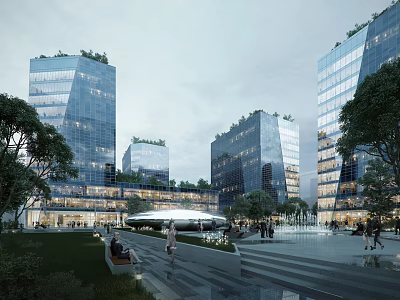 Modern Hotel Building With Glass Curtain Walls Green Roofs And Landscaped Public Areas 3d model