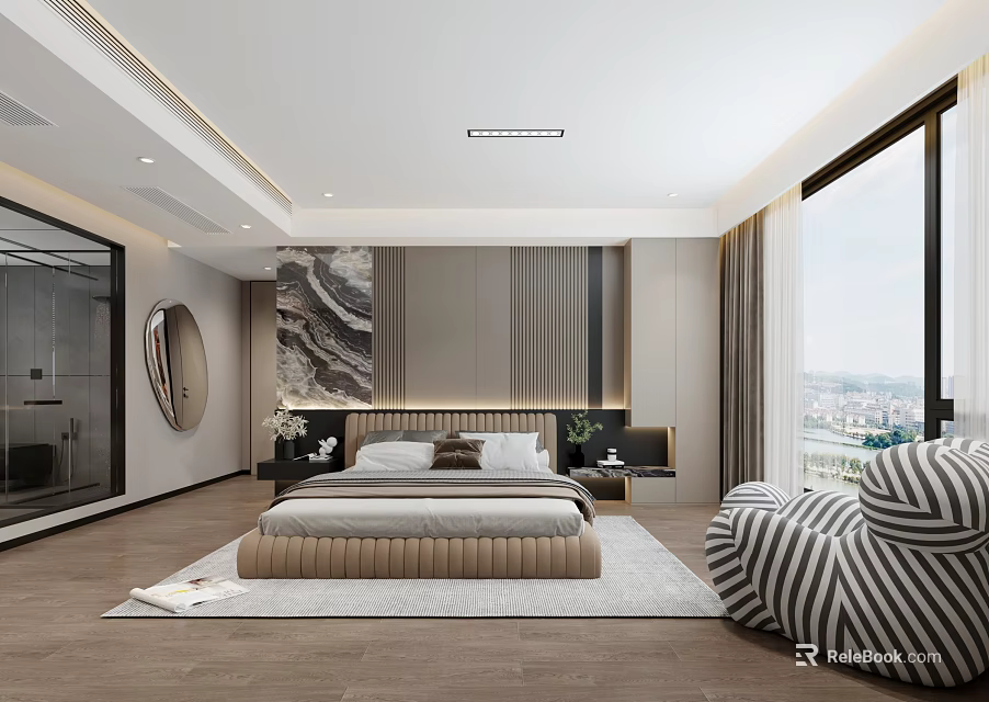 Modern Bedroom Interior Design With Comfortable Bed Area Rug Striped Accent Chair And Large Window 3d model 