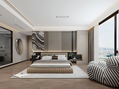 Modern Bedroom Interior Design With Comfortable Bed Area Rug Striped Accent Chair And Large Window 3d model