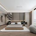 Modern Bedroom Interior Design With Comfortable Bed Area Rug Striped Accent Chair And Large Window